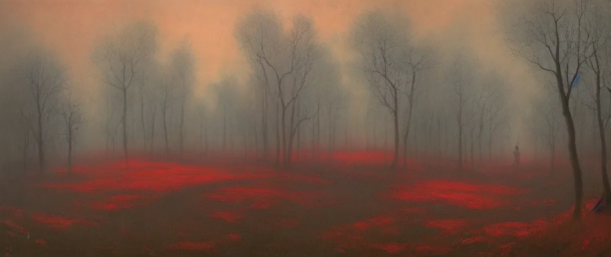 Prompt: old small village in a mystical forest, oil painting, beksinski, red sky, misty, atmospheric, eerie, horror, 8 k, high details