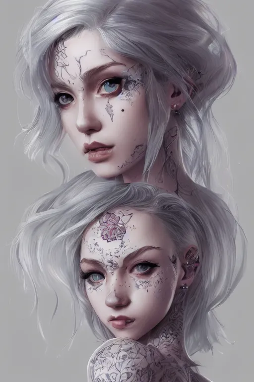 Image similar to teen girl, few speckle skin, tatoo, white hair, gorgeous, amazing, elegant, intricate, highly detailed, digital painting, artstation, concept art, sharp focus, illustration, art by Ross tran and kuvshinov