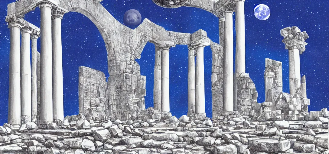 Image similar to The ruins of the Silver Millennium on the moon from Sailor Moon, digital painting, Earth in the distance, Greek-esque columns and ruins