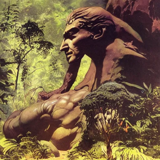 Prompt: giant stolen statue of libertys head is abandoned lying sideways on the ground of the mystic jungle.by frazetta