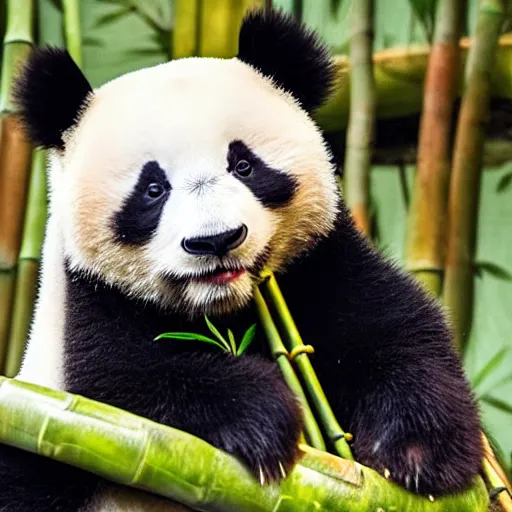 Prompt: adorable panda cub eating bamboo at the chengdu panda base exhibit, national geographic style