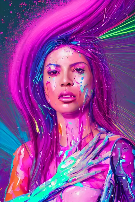 Image similar to a award winning half body portrait of a beautiful woman in a croptop and cargo pants with ombre purple pink teal hairstyle and hands in pockets by ari liloan, surrounded by whirling illuminated lines, paint splashes and splatter, outrun, vaporware, shaded flat illustration, digital art, trending on artstation, highly detailed, fine detail, intricate