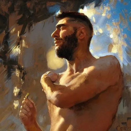 Image similar to a man with a faux hawk haircut, painting by Gaston Bussiere, Craig Mullins