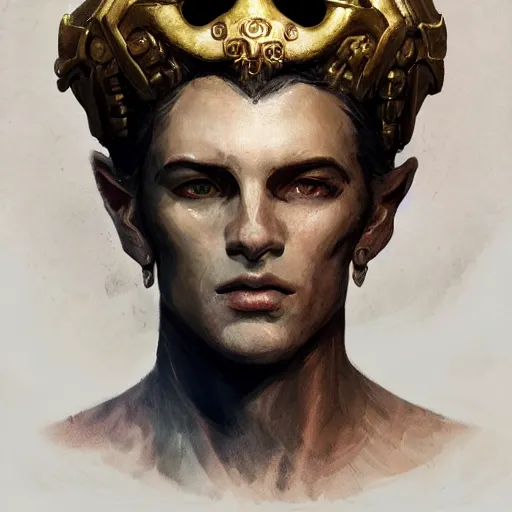 Image similar to a masculine elegant man from sideview with large shoulders, armor, and wearing golden laurel wreath, ethereal horror fantasy art by greg rutkowski and magali villanueve and monet con