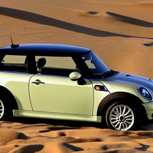 Image similar to a 4 k photorealistic photo of a miniature mini cooper car on a beach, natural soft lighting, outdoors, medium shot sandy