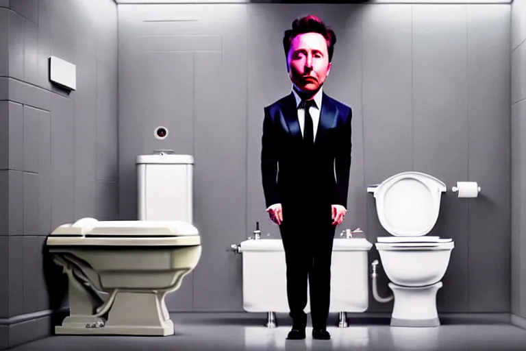 Image similar to hyperrealism aesthetic ridley scott and denis villeneuve style photography of a detailed hyperrealism elon musk, siting on a detailed hyperrealism toilet and scrolling his detailed smartphone in hyperrealism scene from detailed art house movie in style of alejandro jodorowsky and wes anderson