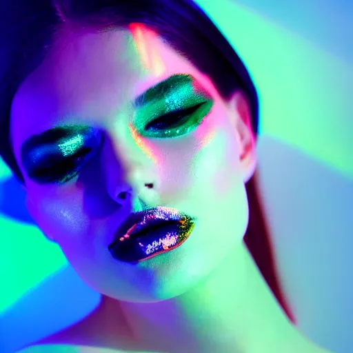 Image similar to high fashion photography of a model in neo futurism white sci - fi neon light led makup, transparent cloth, beautifully lit