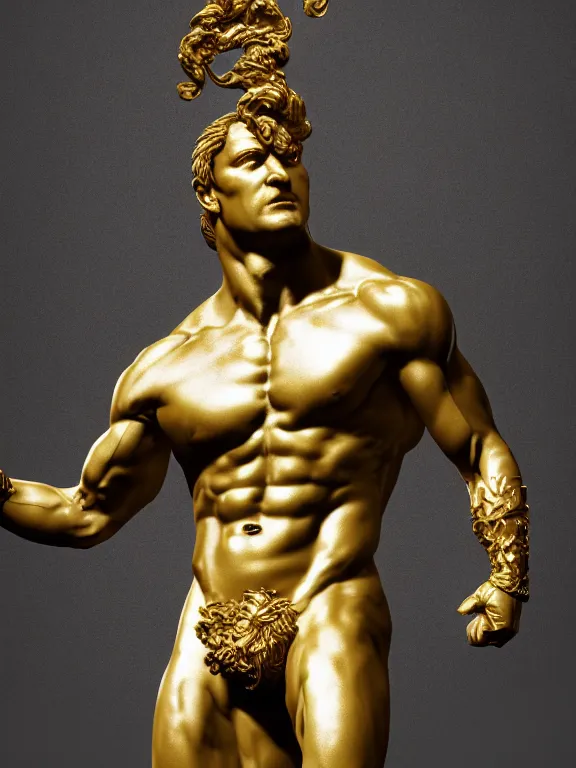 Image similar to stylized gold and black statue made of marble of hercules, full body, hyper realistic, hyper detailed, by johannen voss, by michelangelo, octane render, blender, 8 k