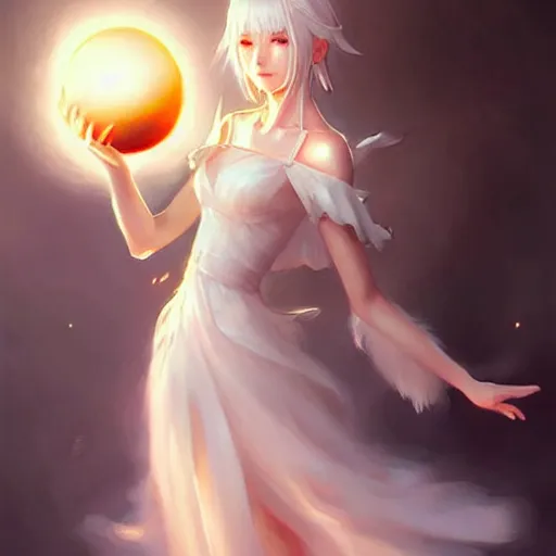 Image similar to a woman in a white dress holding a glowing ball | with nine white fox tails | a detailed painting by ross tran | wlop!!!!!!!!!!!!!!! and stanley artgerm lau | featured on deviantart | fantasy art | anime | 2 d game art | official art