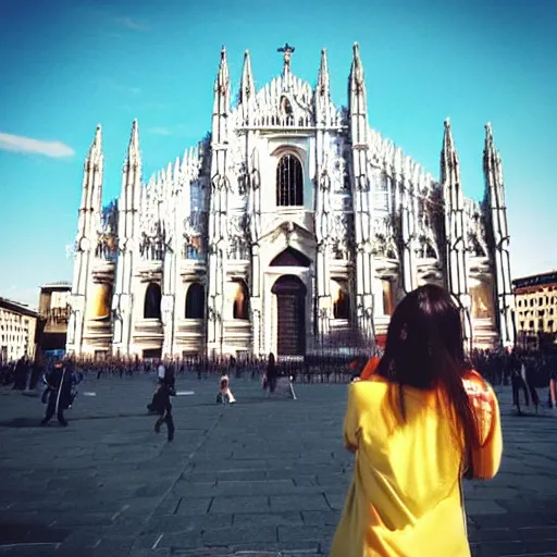 Image similar to “anime girl in front of the duomo cathedral in Milano, pixiv anime”