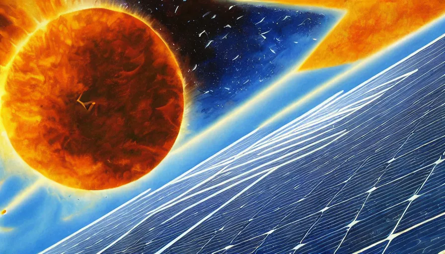 Image similar to solar sail infront of sun, in space, planet earth visible below, art deco painting