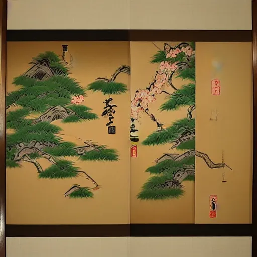 Image similar to “ tatami room, ikebana, traditional japanese scroll art with summer theme ”