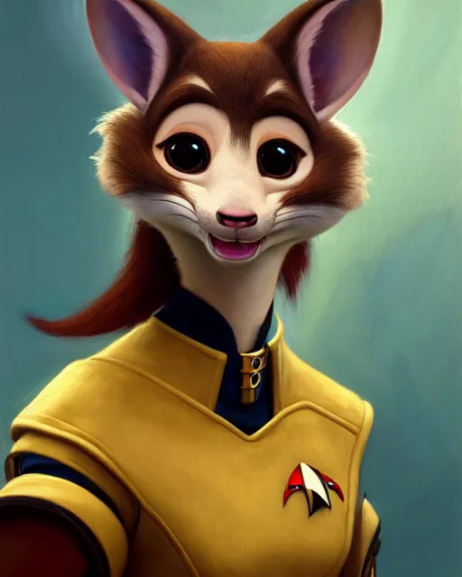 Image similar to painting of anthromorphic female rat wearing starfleet uniforms, zootopia, fursona, furaffinity, 4 k, deviantart, furry art, very expressive detailed feminine face, gaston bussiere, craig mullins, jc leyendecker, gustav klimt, artgerm, greg rutkowski, alphonse mucha