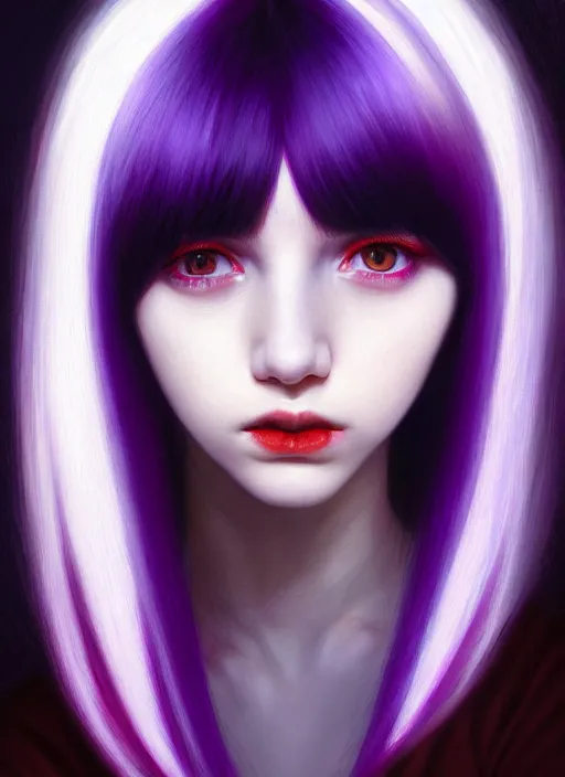 Image similar to hair whitebangs hair, black hair, whitebangs, portrait of teenage girl with white bangs, red irises, purple clothes, white bangs, bangs are different color from hair, intricate, elegant, glowing lights, highly detailed, digital painting, artstation, concept art, smooth, sharp focus, illustration, art by wlop, mars ravelo and greg rutkowski