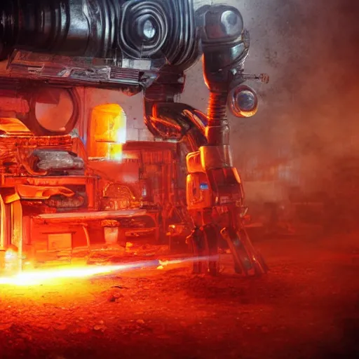 Image similar to toaster oven terminator robot, dark messy smoke - filled cluttered workshop, dark, dramatic lighting, orange tint, sparks, plasma charge, cinematic, highly detailed, sci - fi, futuristic, movie still