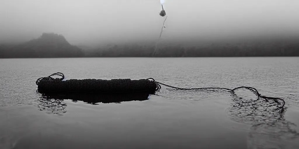 Image similar to symmetrical photograph of an infinitely long rope submerged on the surface of the water, with an uhnicorn, the rope is snaking from the foreground towards the center of the lake, a dark lake on a cloudy day