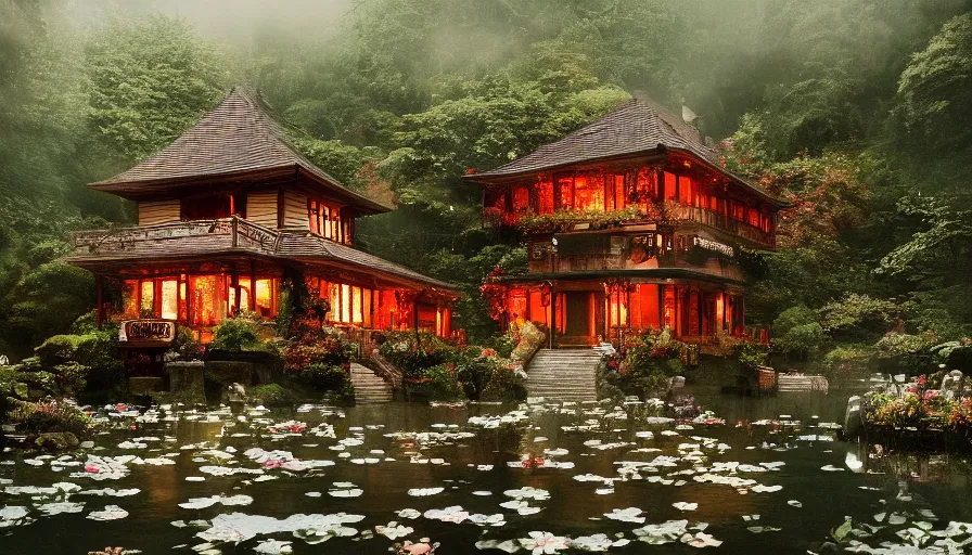 Prompt: a Sophia Coppola 35mm film still of a very surreal magical European castle style cabin with a bookstore cafe in a lush waterfall garden, falling cherry blossoms pedals, in the style of Gucci and Wes Anderson glowing lights and floating lanterns, foggy atmosphere, rainy, moody, muted colors, magic details, very detailed, 8k, cinematic look