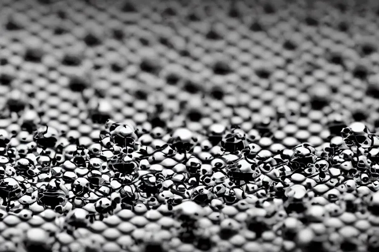 Image similar to nanobots floating in black shiny liquid, depth of field