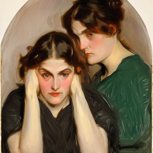 Prompt: frontal portrait of worried twin women, by john singer sargent and j. c. leyendecker.