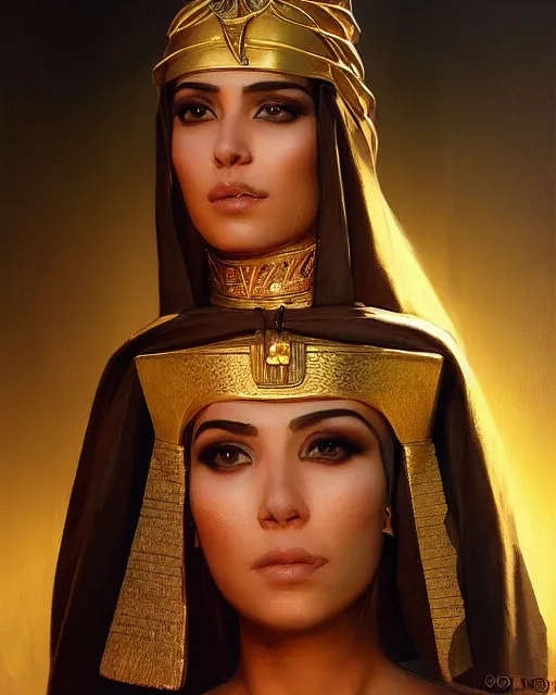 Image similar to Jessica Kahawaty as a beautiful egyptian princess, gorgeous, portrait, powerful, intricate, beautiful, masterpiece, elegant, volumetric lighting, back lighting, dramatic lighting, highly detailed, artstation, sharp focus, illustration, Artgerm, Jean-Léon Gérôme , ruan jia