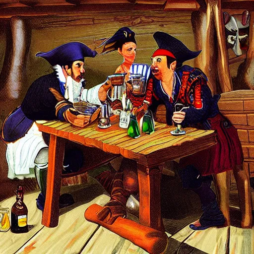 Prompt: Three important pirates drinking grog in a tavern table 16 bit computer art