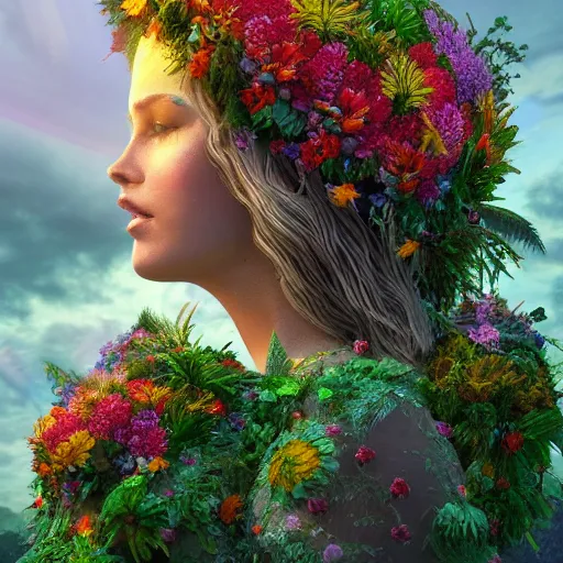 Image similar to Mother Nature with a crown made of flowers towering over a tropical island, Dramatic Lighting, Trending on Artstation HQ, 4K, UHD.