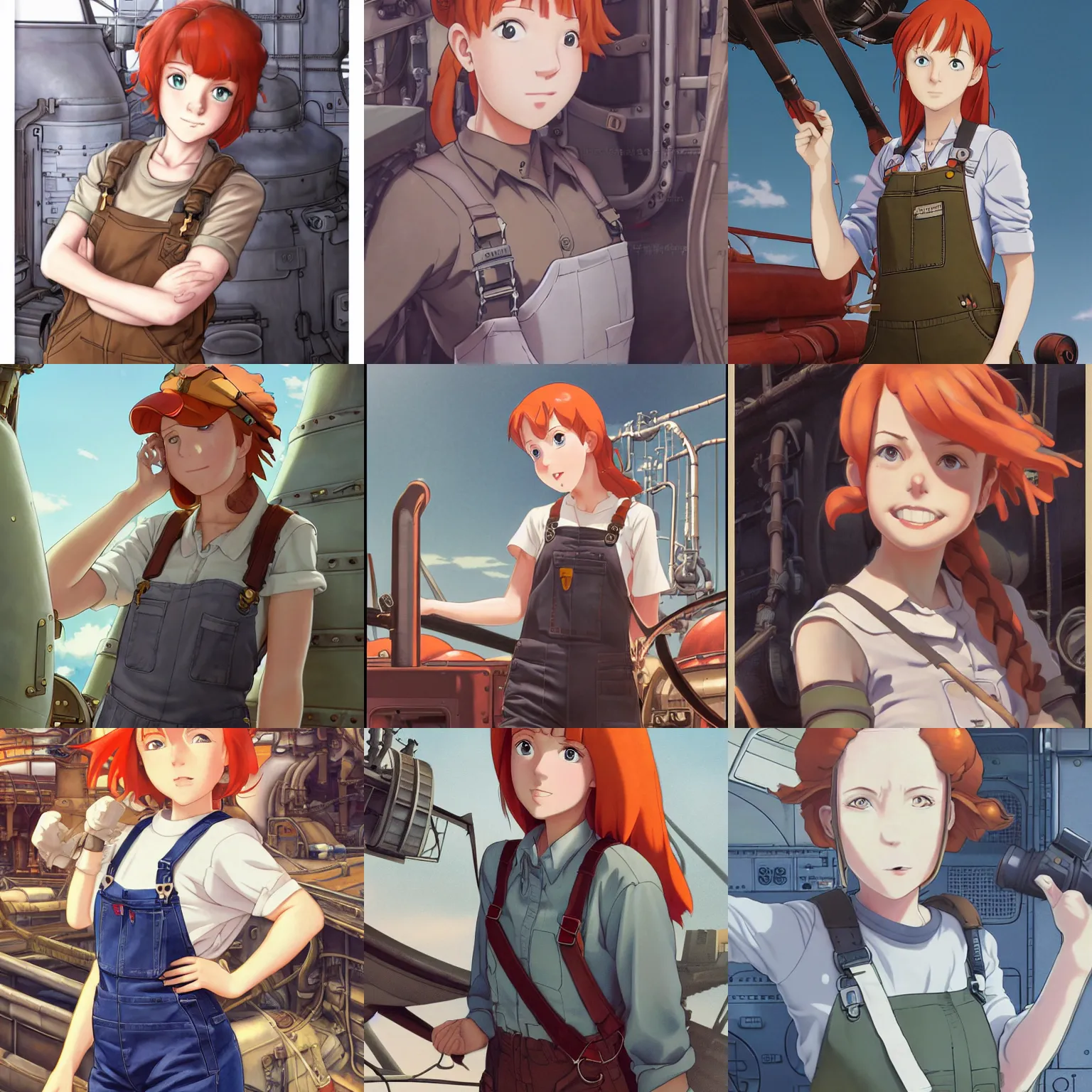 Prompt: Portrait of a redheaded female airship engineer wearing a tank top and dungarees in the guts of a ship, dieselpunk, defined facial features, highly detailed, artstation, official artbook, official Kyoto Animation and Studio Ghibli anime screenshot, by Range Murata and Makoto Shinkai