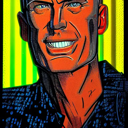 Prompt: max headroom, cartoon portrait made out of rain, realistic, highly detailed, neon, rendered in octane, unreal engine, rain, beautiful, trending on artstation, emotional