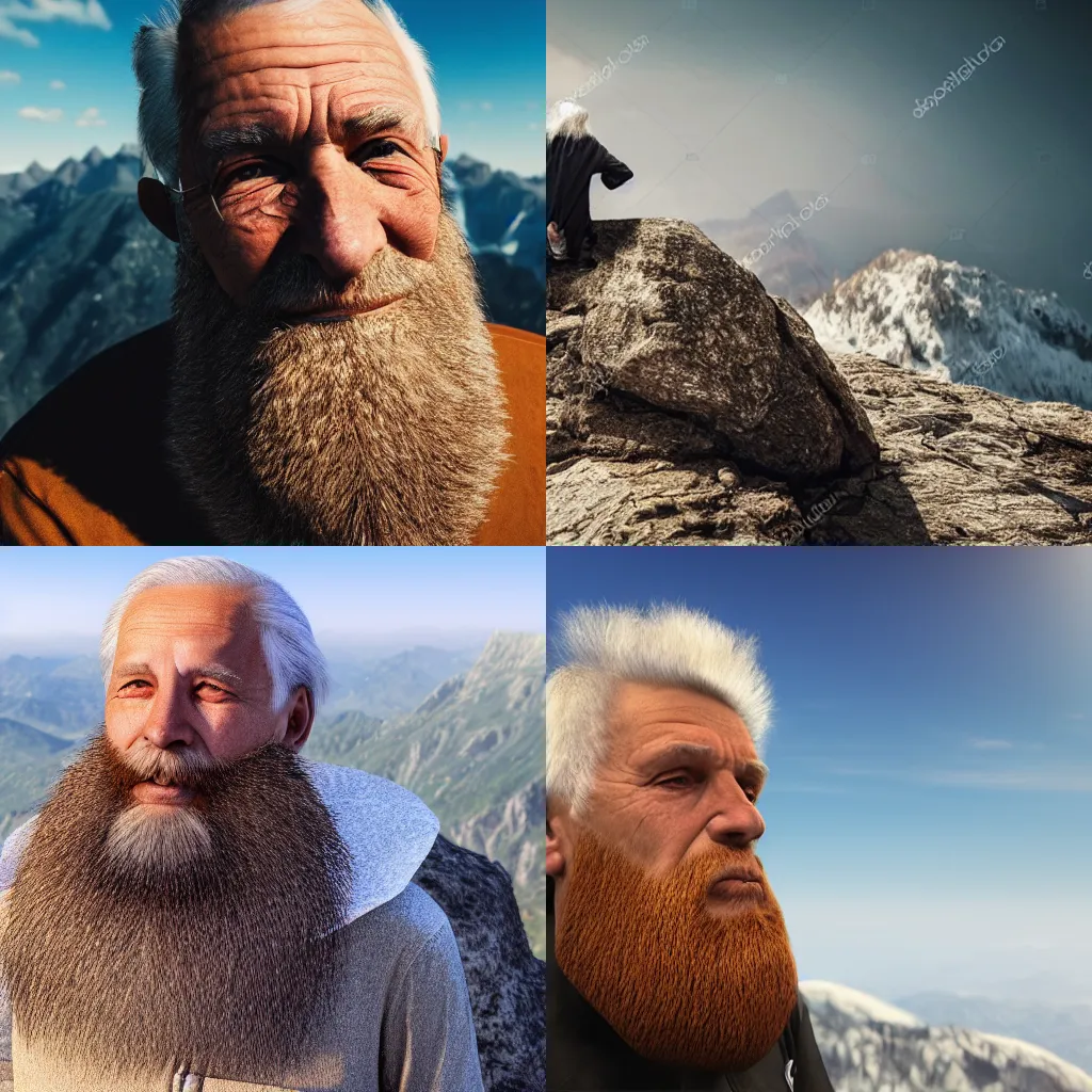 Prompt: elderly man with long beard on mountain top, photorealistic 4k