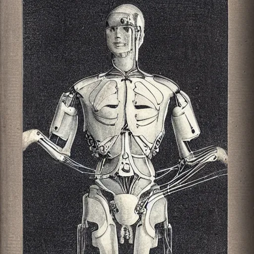 Image similar to drawing in a science book from 1900 of a cyborg, symmetrical