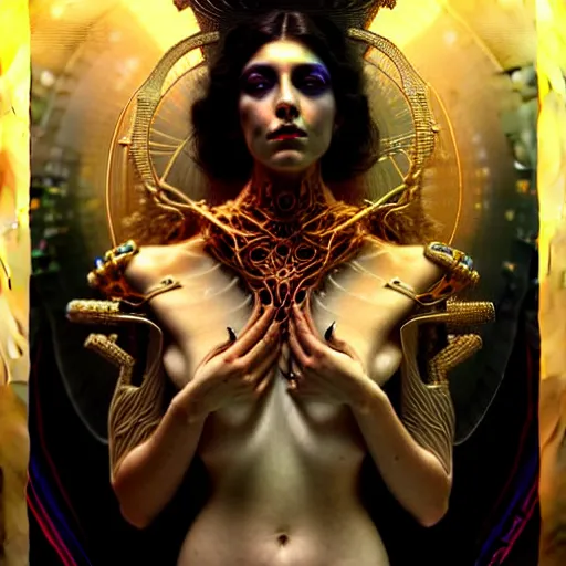 Prompt: extremely psychedelic beautiful cyborg viral goddess infected by night. intricate, elegant, highly detailed, extremely lifelike photorealistic digital painting, artstation. steichen, gaston bussiere, tom bagshaw, cyberpunk alphonse mucha. elegant minimalism. anatomically correct. sharp focus. gold, black accents. surreal lush cosmic hallucination