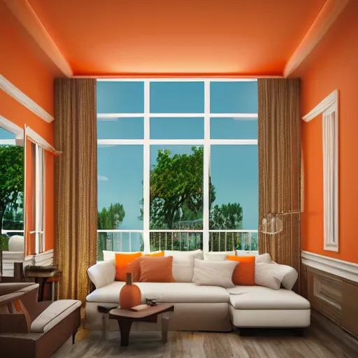 Image similar to interior design of a summer villa, orange and light brown color scheme, vivid lighting, photorealist, 4 k