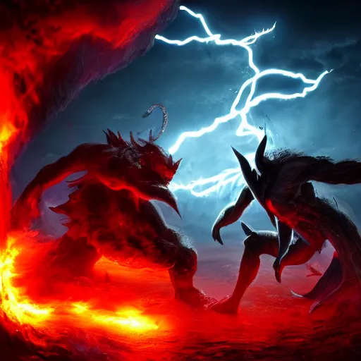 Image similar to a lightning demon fighting a shadow demon at the gates of hell, 8 k, shallow depth of field, moody lighting, ultra high detail, concept art,