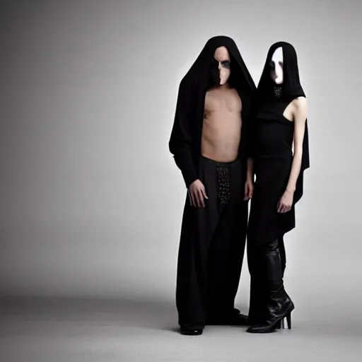 Prompt: a photo of a man and a woman wearing clothes by rick owens, faces covered by black veils, short blond hair, in a liminal space