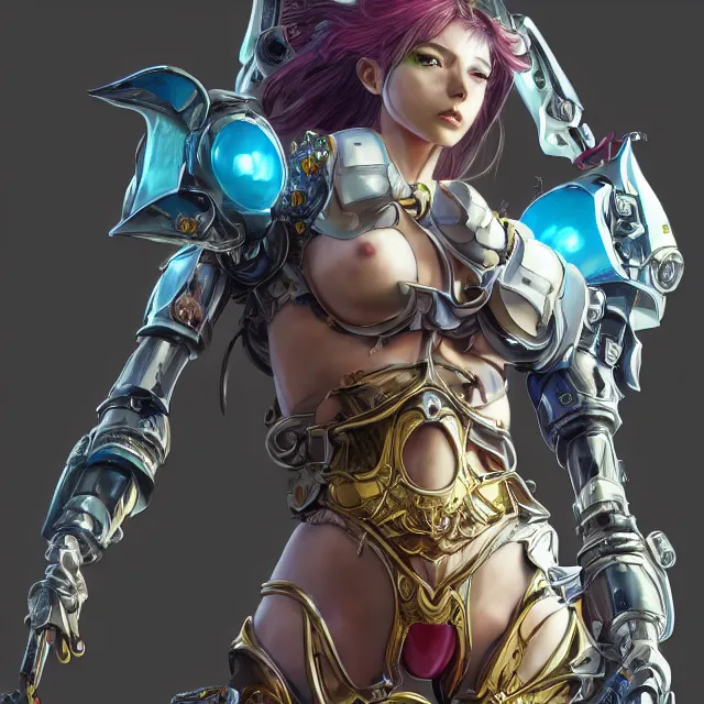 Image similar to studio portrait of lawful good colorful female holy mecha paladin absurdly beautiful, elegant, young thin bikini model, ultrafine hyperrealistic detailed face illustration by kim jung gi, irakli nadar, intricate linework, sharp focus, bright colors, matte, octopath traveler, final fantasy, unreal engine highly rendered, global illumination, radiant light, intricate environment