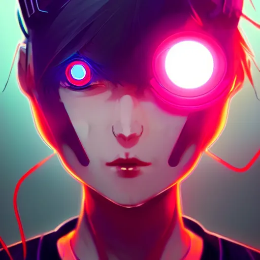 Image similar to digital cyberpunk anime character concept art, gorgeous anime girl symmetrical face, small female android cyborg - angel, glowing red left eye and glowing blue right eye, fullbody!! wlop, rossdraws sakimimichan, ilya kuvshinov, krenz cushart, greg rutkowski.