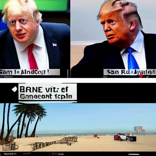 Prompt: boris johnson and trump on san andreas beach GTA V loading screen