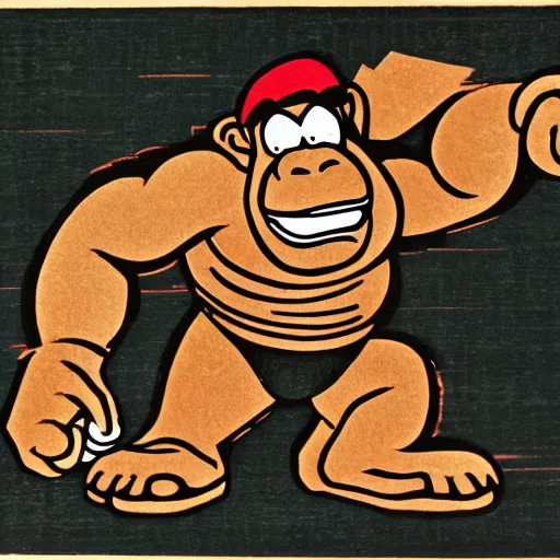 Prompt: Donkey Kong, in the style of a woodblock print.