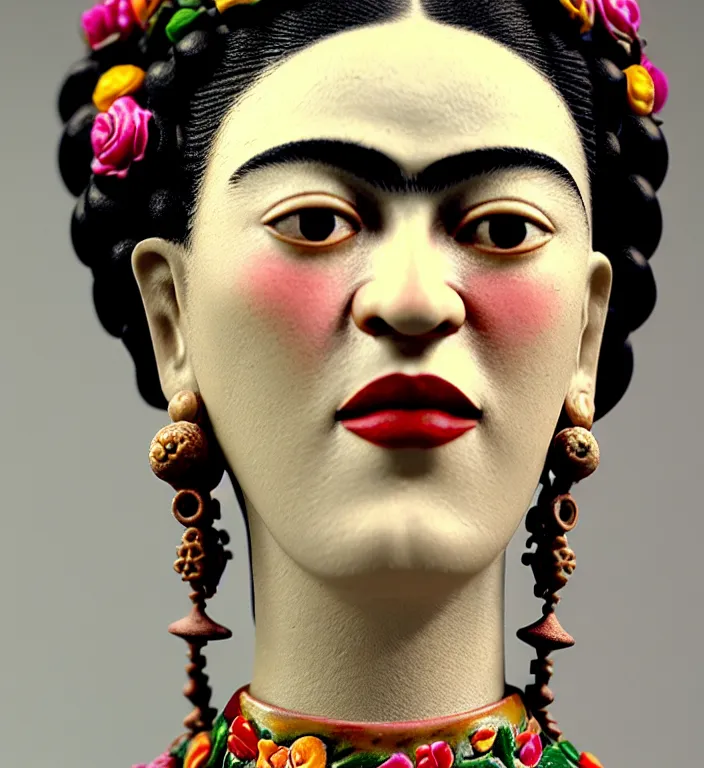 Image similar to Frida Kahlo , A Close up photo-real delicate ceramic porcelain sculpture of a symmetrical ornate detailed in front of an intricate background by Victo Ngai and takato yamamoto, micro detail, backlit lighting, face in focus, subsurface scattering, translucent, thin porcelain, octane renderer, colorful, physically based rendering, japanese pottery, trending on cgsociety