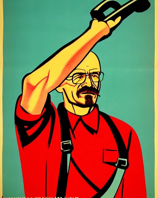 Image similar to soviet communist propaganda poster of walter white as a farmer with his closed fist up in the air, hammer and sickle, happy