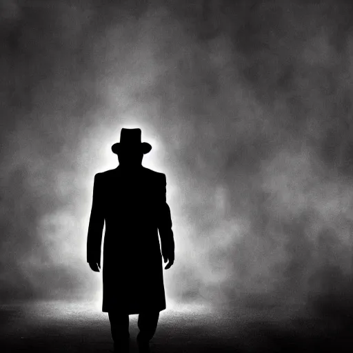 Image similar to white light from right, mysterious man in black suit and black hat, he has a pistol!!, smoke, fog, mysterious, 4 k, highly detailed, digital art, strong shadows, high contrast, epic scene, atmospheric, blue colours, old photograph