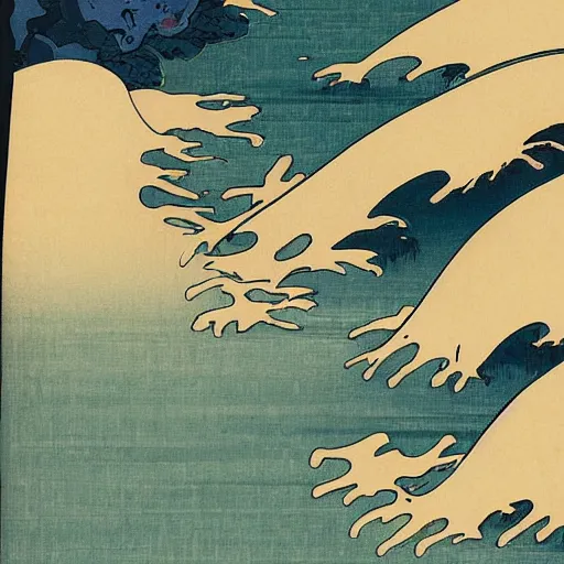 Prompt: generative dirty abstract art by katsushika hokusai, storybook illustration, cool color palette, in a symbolic and meaningful style