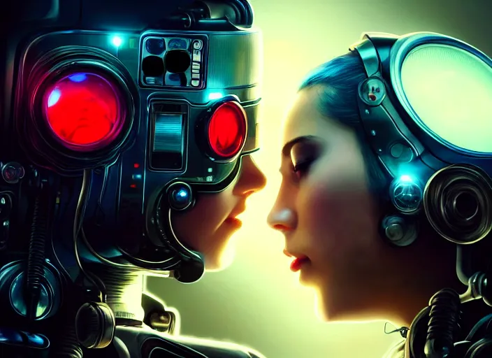 Image similar to ultra realistic medium shot of a couple of cyborgs kissing, lovers, cyberpunk, sci - fi, fantasy, kodak, colour led, soft light, volumetric lighting, night, intricate, highly detailed, digital painting, concept art, smooth, sharp focus, illustration, art by artgerm and greg rutkowski and alphonse mucha