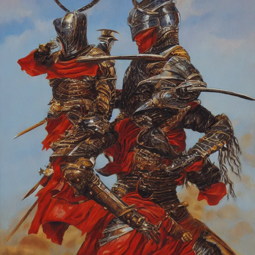 Prompt: a oil painting of an Knight/samurai in a battle ready pose in the style of Jean Giraud detailed realistic High Resolution HD 8k in color