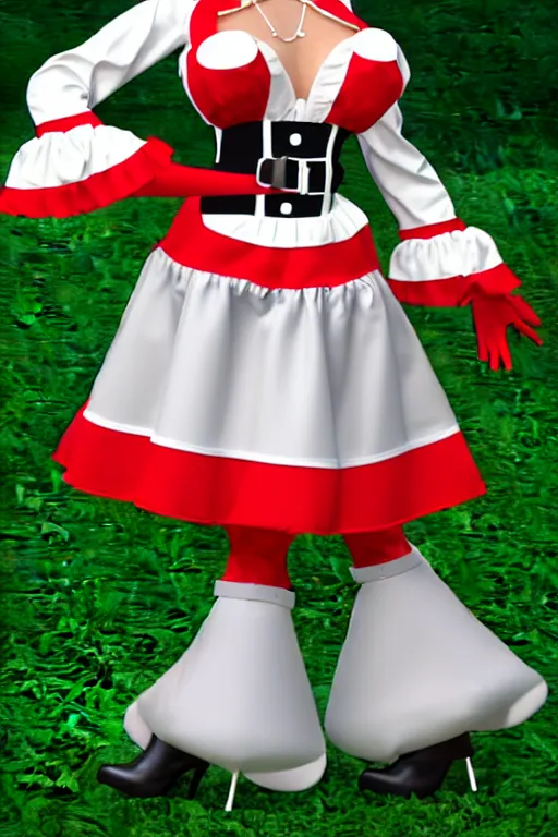 Prompt: a Marvelous Designer render of a 2002 Dutch milkmaid costume with a cow bell choker, exposed midriff and prosthetic udders. drag queen, campy. Cow Costume with Udders, comical. Cloven Hoof High-Heeled Boots. Puff sleeves, ruched bodice. Choker necklace with a large cowbell on it.