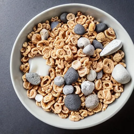 Image similar to giant bowl of cereal and milk, with stones and rocks in the milk.