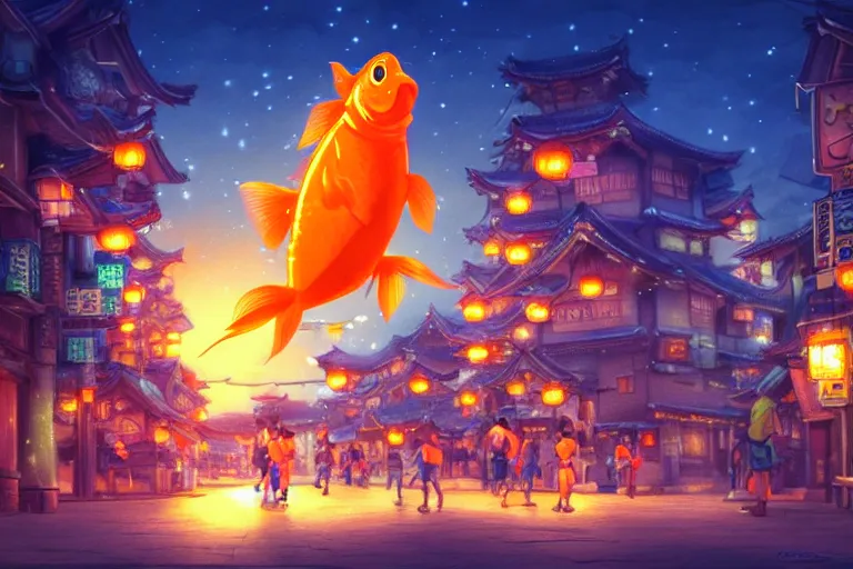 Image similar to fantasy art of glowing goldfish swimming in the air, in the streets of a japanese town at night, with children outside watching in wonder, in the style of studio ghibli and makoto shinkai, highly detailed digital art, trending on artstation