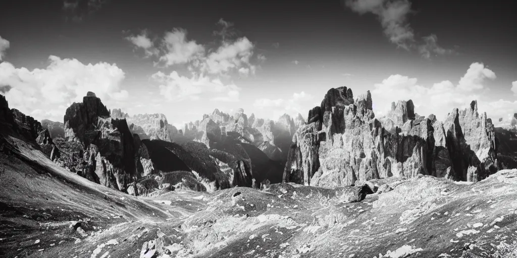 Image similar to 1920s photography expedition meets the god of the dolomites, dark, eerie