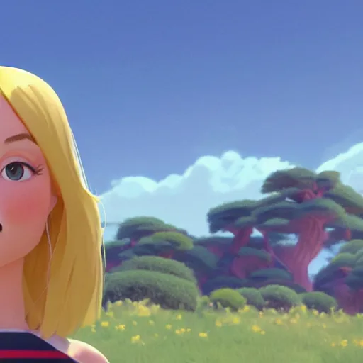 Image similar to a wholesome animation key shot of margot robbie, close up, studio ghibli, pixar and disney animation, sharp, rendered in unreal engine 5, clear sky, anime key art by greg rutkowski, bloom, dramatic lighting