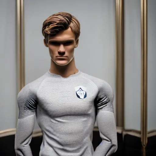 Image similar to a realistic detailed photo of a guy who is an attractive humanoid who is half robot and half humanoid, who is a male android, soccer player martin ødegaard, shiny skin, posing like a statue, blank stare, in a living room, on display, showing off his muscles